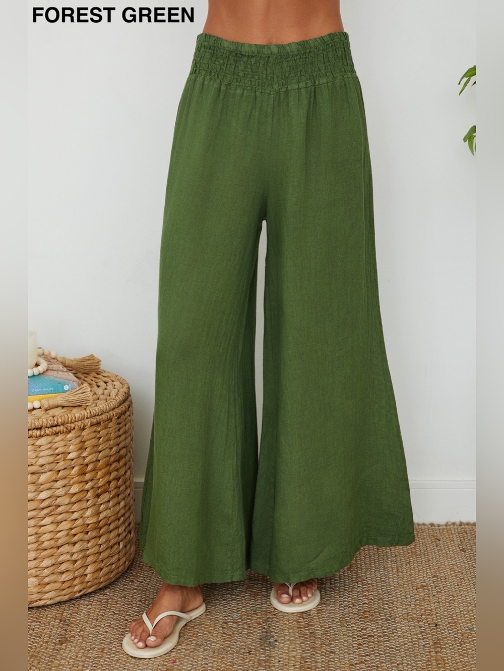 (23.2275/224019/80806) LINEN SMOCKED WAIST PALAZZO PANT. MADE IN ITALY